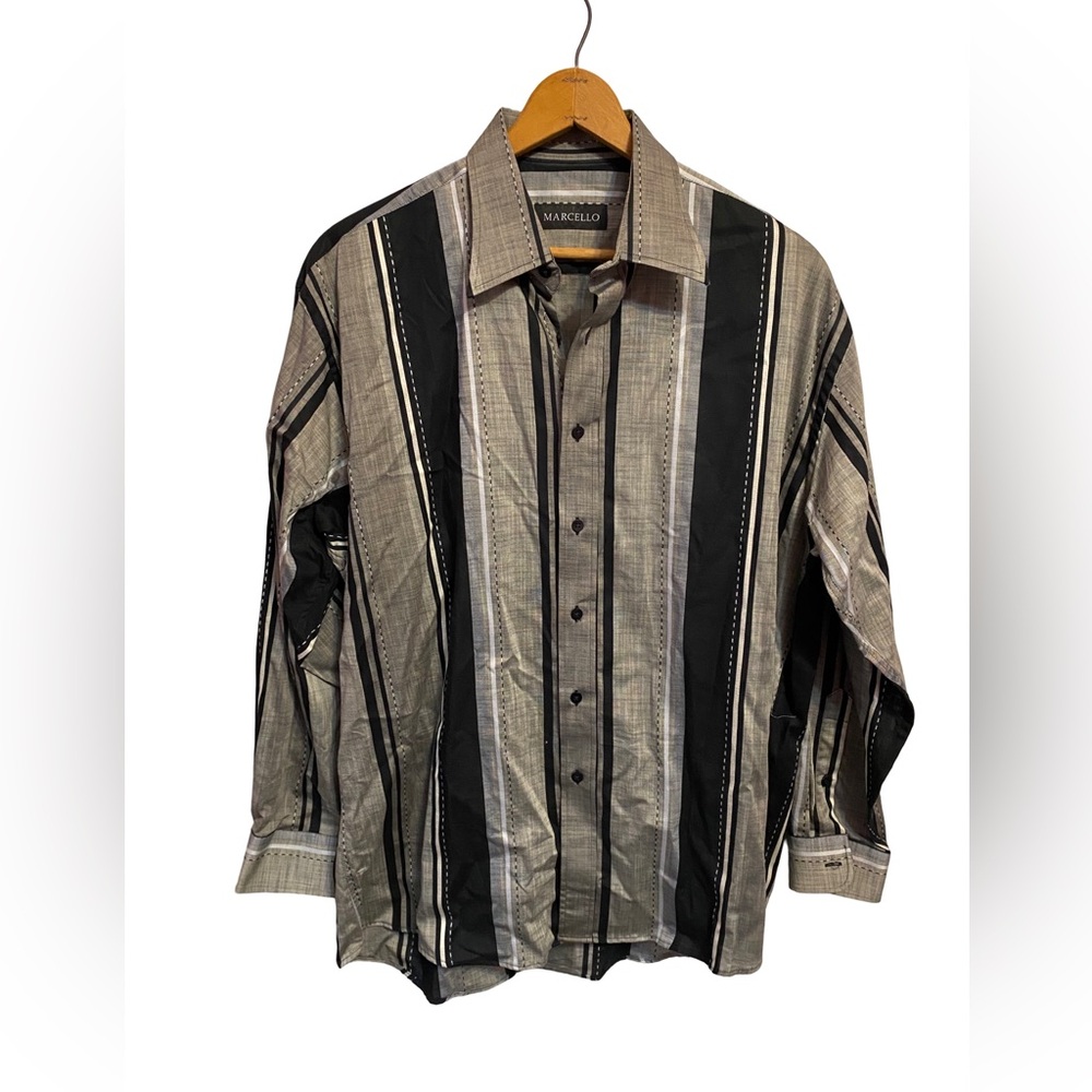 Marcello Men’s Black & Gray‎ Striped Long Sleeve Button Up Size L